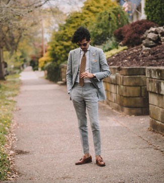 Men's Grey Suit, Grey Vertical Striped Dress Shirt, Brown Leather Tassel Loafers, Tan Print Tie