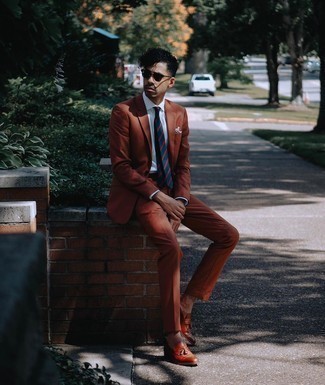 Tobacco Suit Outfits: Make a tobacco suit and a white dress shirt your outfit choice if you're aiming for a proper, trendy ensemble. You can get a little creative when it comes to footwear and round off with a pair of tobacco leather tassel loafers.