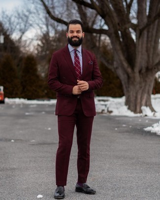 Dark Purple Socks Outfits For Men: A burgundy suit and dark purple socks are an easy way to introduce some cool into your day-to-day fashion mix. Black leather tassel loafers are an effective way to breathe a hint of refinement into this look.