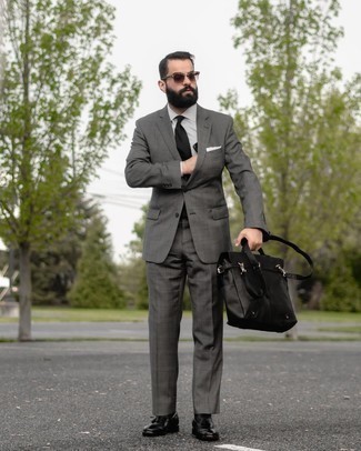 Men's Charcoal Plaid Suit, Grey Vertical Striped Dress Shirt, Black Leather Tassel Loafers, Black Leather Briefcase
