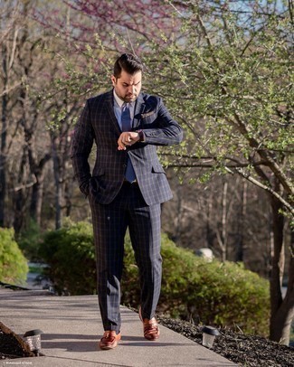 Blue Socks Outfits For Men: Consider wearing a navy check suit and blue socks for a daily outfit that's full of charisma and personality. Give a touch of polish to your getup by slipping into brown leather tassel loafers.