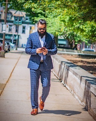 Tobacco Leather Tassel Loafers Outfits: This ensemble proves that it is totally worth investing in such smart menswear items as a navy plaid suit and a white dress shirt. Complement this ensemble with tobacco leather tassel loafers and ta-da: the look is complete.