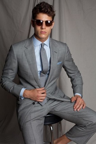 Men's Grey Suit, Light Blue Dress Shirt, Grey Tie, Light Blue
