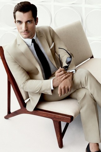 David Gandy wearing Beige Suit, White Dress Shirt, Black Tie, White Pocket Square