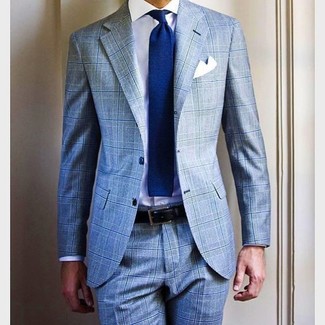 Blue Knit Tie Outfits For Men: Try pairing a light blue plaid suit with a blue knit tie for sophisticated style with a modern take.