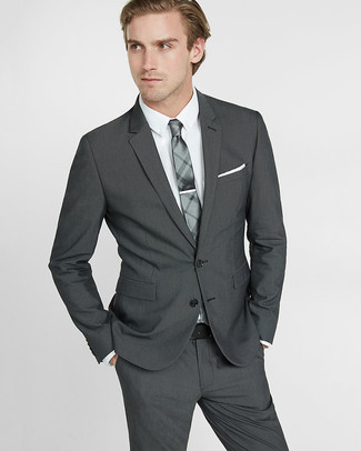 Men's Grey Suit, White Dress Shirt, Grey Plaid Tie, White Pocket Square