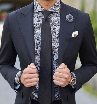Grey Lapel Pin Outfits: Consider wearing a black suit and a grey lapel pin for comfort dressing with a fashionable spin.