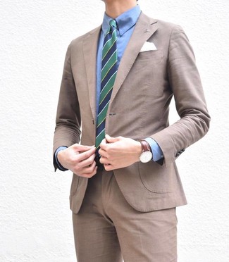 Navy and Green Vertical Striped Tie Outfits For Men: Showcase your style game in a brown suit and a navy and green vertical striped tie.