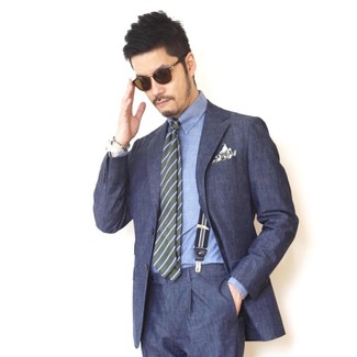 Teal Horizontal Striped Tie Outfits For Men: To look sleek and dapper, pair a navy suit with a teal horizontal striped tie.