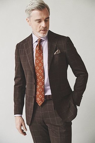 Brown Check Suit Dressy Summer Outfits After 50: Marrying a brown check suit and a light violet dress shirt is a surefire way to infuse your wardrobe with some masculine refinement. As we all know, the key to getting through the hottest time of year is choosing cool combinations like this one. And if we're talking fashion for older guys, this outfit is a good look on most gentlemen.