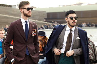 Dark Brown Wool Suit Outfits: This combination of a dark brown wool suit and a white dress shirt is ideal when you need to look elegant and truly smart.