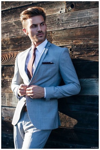 Men's Grey Suit, White Dress Shirt, Brown Tie, Navy and White Polka Dot Pocket Square