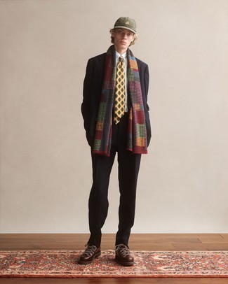 Multi colored Print Scarf Outfits For Men: A dark brown suit and a multi colored print scarf are a combination that every stylish gent should have in his off-duty closet. You could perhaps get a little creative on the shoe front and introduce a pair of dark brown leather work boots to the equation.