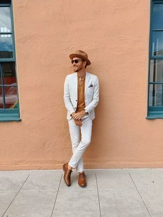 Beige Wool Hat Outfits For Men: A white suit and a beige wool hat combined together are the ideal combo for those dressers who prefer off-duty styles. Put an elegant spin on an otherwise utilitarian look by rocking a pair of brown leather oxford shoes.