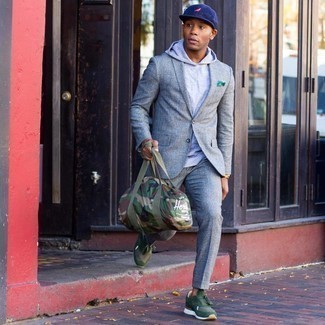 Men's Grey Plaid Suit, Grey Hoodie, Dark Green Athletic Shoes, Olive Camouflage Canvas Duffle Bag