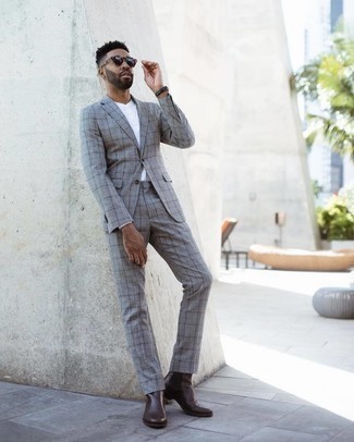 Men's Grey Check Suit, White Long Sleeve Henley Shirt, Dark Brown Leather Chelsea Boots, Dark Brown Sunglasses