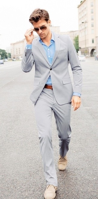 Men's Grey Suit, Light Blue Long Sleeve Shirt, Beige Suede Desert