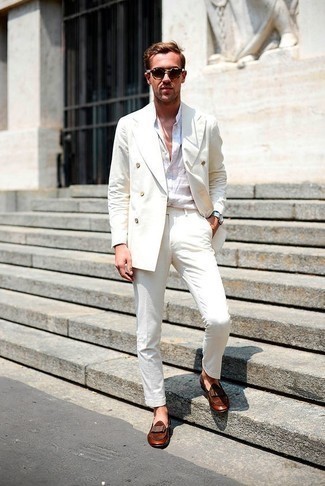 Men's White Suit, White Linen Long Sleeve Shirt, Brown Leather Loafers, Brown Sunglasses