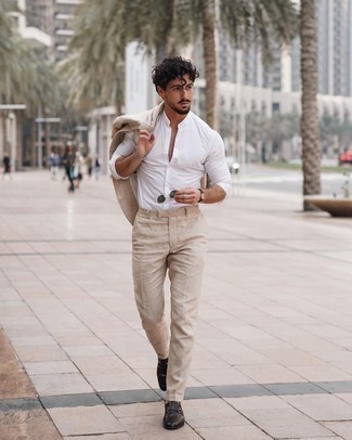 Beige Suit Outfits: This is solid proof that a beige suit and a white long sleeve shirt look awesome when worn together in an elegant ensemble for a modern gentleman. Dark brown leather loafers are a wonderful pick to finish this ensemble.