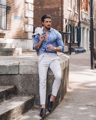 Men's White Suit, Light Blue Chambray Long Sleeve Shirt, Dark Brown Leather Loafers, Navy Sunglasses