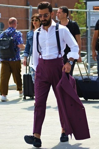 Men's Purple Suit, White Long Sleeve Shirt, Black Fringe Suede Loafers, Brown Sunglasses