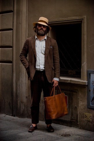 Men's Dark Brown Linen Suit, Light Blue Chambray Long Sleeve Shirt, Dark Brown Leather Loafers, Brown Leather Tote Bag