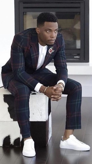 Navy Plaid Suit Outfits: A navy plaid suit and a white long sleeve shirt are the perfect way to inject a dash of manly sophistication into your casual styling rotation. Get a bit experimental with shoes and add white canvas low top sneakers to this look.