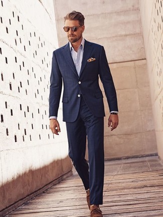 Brown Suede Monks Outfits: A navy check suit and a light blue long sleeve shirt are among the key elements in any gent's smart casual wardrobe. Brown suede monks will breathe a touch of elegance into an otherwise mostly casual look.