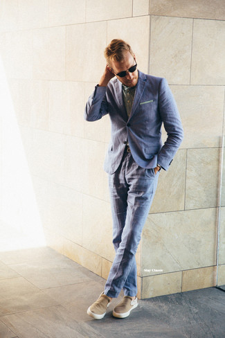 Men's Blue Suit, Olive Long Sleeve Shirt, Tan Slip-on Sneakers, Mint Pocket Square