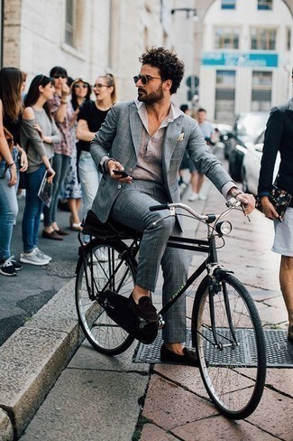 Grey Plaid Suit Outfits: This pairing of a grey plaid suit and a beige linen long sleeve shirt will allow you to showcase your expertise in menswear styling. Want to go all out in the shoe department? Introduce dark brown suede tassel loafers to your ensemble.