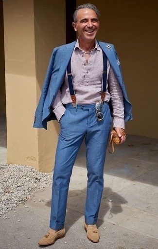 Men's Blue Suit, Light Violet Linen Long Sleeve Shirt, Tan Suede Tassel Loafers, Tobacco Leather Zip Pouch