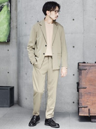 Beige Suit Outfits: This combo of a beige suit and a beige long sleeve t-shirt spells rugged elegance and class. A trendy pair of black leather derby shoes is an easy way to power up this look.