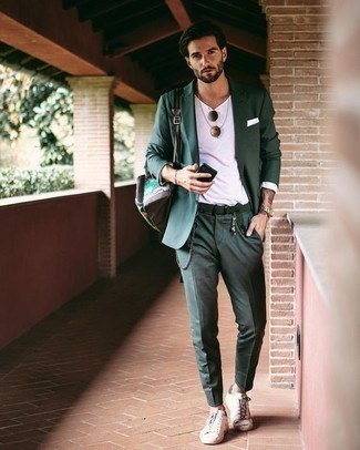 Men's Dark Green Suit, White Long Sleeve T-Shirt, White Canvas Low Top Sneakers, Dark Brown Leather Backpack