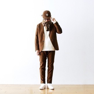 Men's Brown Suit, White Long Sleeve T-Shirt, White Canvas Low Top Sneakers, Brown Baseball Cap