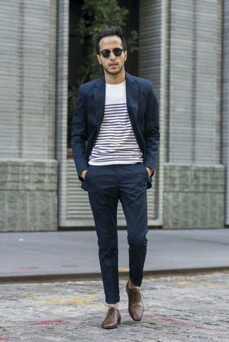 White and Black Horizontal Striped Long Sleeve T-Shirt Outfits For Men: A white and black horizontal striped long sleeve t-shirt and a navy suit are absolute must-haves if you're piecing together a sophisticated closet that holds to the highest fashion standards. Amp up your outfit by slipping into brown leather oxford shoes.