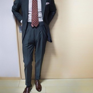 Orange Polka Dot Tie Outfits For Men: Pair a charcoal suit with an orange polka dot tie for a proper classy getup. To give this ensemble a more casual aesthetic, go for dark brown leather oxford shoes.