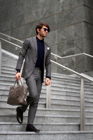 Men's Grey Suit, Navy Polo, Dark Brown Leather Driving Shoes, Dark Brown Leather Briefcase