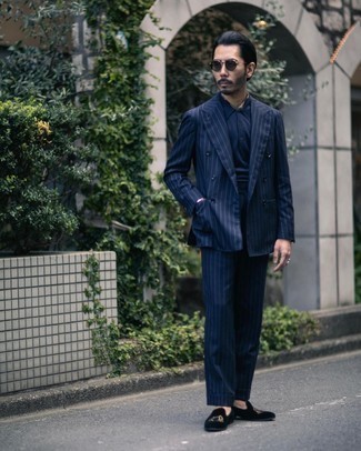 Navy Vertical Striped Suit Outfits: The ultimate choice for casually classic menswear style? A navy vertical striped suit with a navy polo. Black embroidered velvet loafers will take this ensemble down a smarter path.