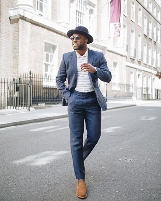 Navy Wool Hat Outfits For Men: A navy suit and a navy wool hat are a smart getup to keep in your day-to-day repertoire. For something more on the elegant side to finish off this getup, round off with tan suede loafers.