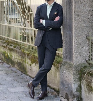 Men's Charcoal Suit, Mint Polo Neck Sweater, Dark Brown Leather Chelsea Boots, White Print Pocket Square