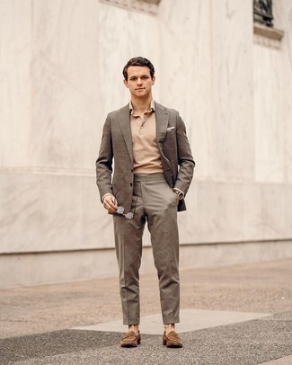 Brown Suit Outfits: Teaming a brown suit and a tan polo neck sweater will prove your outfit coordination savvy. And if you want to easily tone down this ensemble with footwear, why not introduce brown suede loafers to the equation?