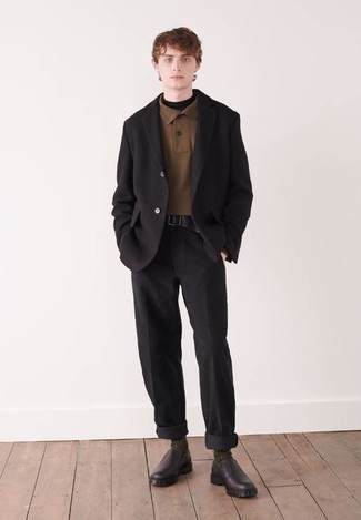 Men's Black Suit, Brown Polo Neck Sweater, Black Turtleneck, Dark Brown Leather Loafers