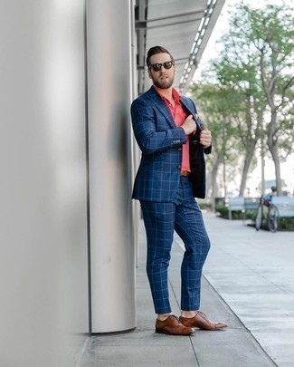 Hot Pink Polo Outfits For Men: Try pairing a hot pink polo with a navy check suit and you'll exude rugged elegance and polish. Rounding off with a pair of brown leather oxford shoes is an easy way to introduce a bit of fanciness to your look.