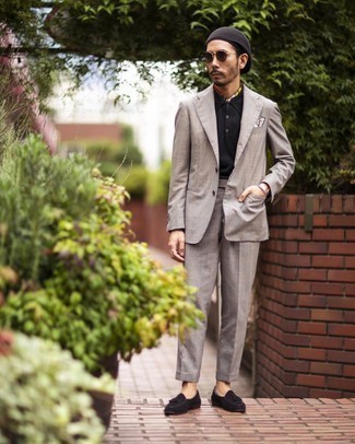 Grey Plaid Suit Outfits: Pair a grey plaid suit with a black polo to create a casually classic and pulled together ensemble. Hesitant about how to finish off this ensemble? Rock black suede tassel loafers to smarten it up.