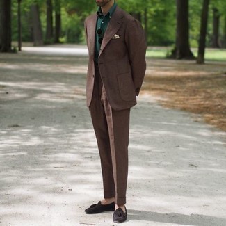 Men's Brown Suit, Dark Green Polo, Dark Brown Suede Tassel Loafers, White Pocket Square