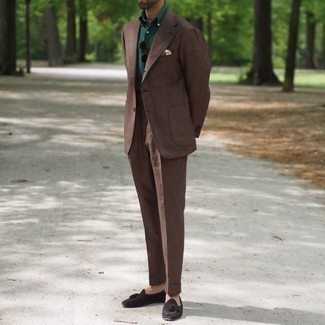 Dark Green Polo Outfits For Men: This combination of a dark green polo and a brown suit will add effortlessly elegant essence to your outfit. Introduce dark brown suede tassel loafers to the mix for an added touch of refinement.