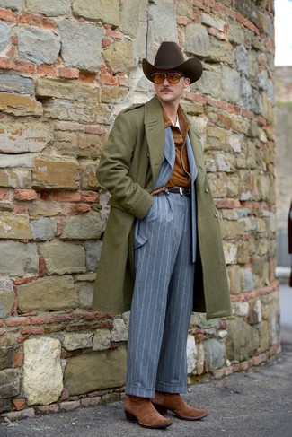 Men's White Crew-neck T-shirt, Grey Vertical Striped Suit, Tobacco Suede Shirt Jacket, Olive Overcoat