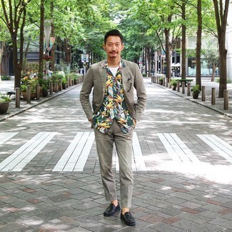 Men's Olive Suit, Multi colored Floral Short Sleeve Shirt, White Crew-neck T-shirt, Dark Green Leather Loafers