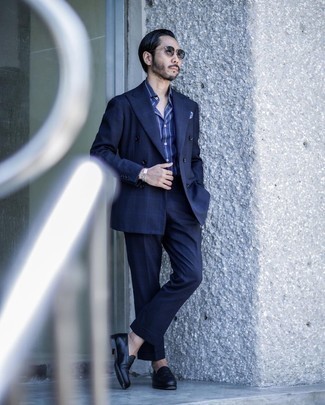 Men's Navy Check Suit, Navy Vertical Striped Short Sleeve Shirt, Black Leather Loafers, Navy Pocket Square