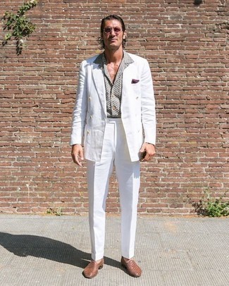 Pink Sunglasses Outfits For Men: To achieve an off-duty outfit with a clear fashion twist, make a white suit and pink sunglasses your outfit choice. Why not introduce brown woven leather loafers to the equation for an added touch of style?